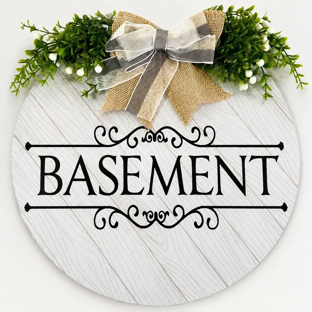 Basement Door Sign Farmhouse Round Wood Plaque Wreath Burlap Bow Greenery 11in